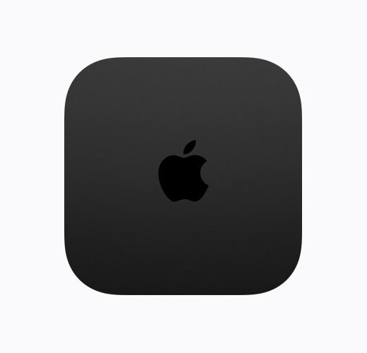 黑色 Apple TV 4K 機身俯視圖，呈現黑色光面 Apple TV 標誌