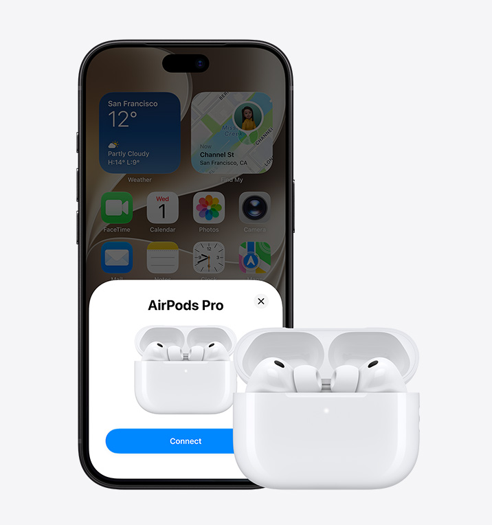 iPhone 18 Pro 機身正面，主畫面上顯示開啟了 Apple Music app，旁邊放有 AirPods Pro 3，在打開了的 MagSafe 充電盒內。