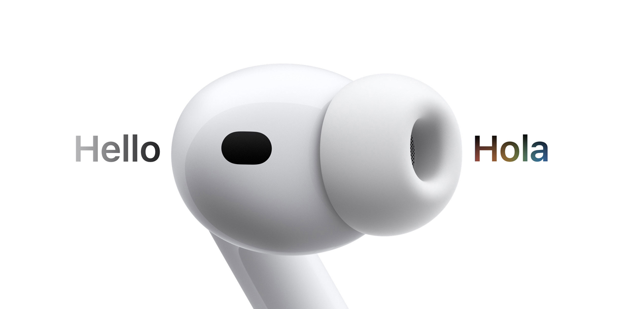 AirPods Pro 3, audífono con almohadilla de silicón, Traducción en Vivo cambia los caracteres en inglés que dicen 'hello' a un texto en español que dice 'hola'