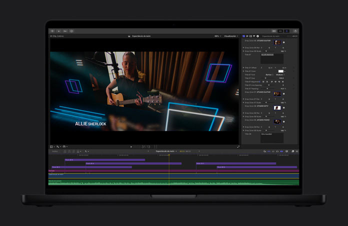 Pantalla de una MacBook Pro de 16 pulgadas, línea de tiempo de Final Cut Pro con un clip de video recortado que muestra un estudio de grabación con cortinas de fondo.
