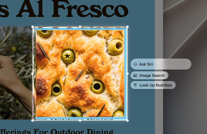 Visual intelligence, Ask Siri, Image Search and Look Up Nutrition boxes appear to the right of a highlighted image of olives baked into focaccia