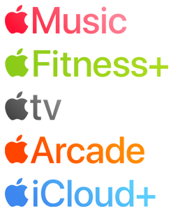 Apple subscription services logotypes including Apple Music, Fitness+, Apple&nbsp;TV, Apple News+, Apple Arcade, iCloud+