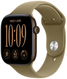 Apple Watch Series 12 z kopertą z aluminium w kolorze ciemnego brązu, widoczny prawy bok urządzenia, pokrętło Digital Crown, mikrofon, przycisk boczny, pasek sportowy w kolorze oliwki (ziemista zieleń), zapięcie z napą i szlufką (srebrna napa)