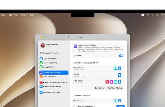 MacBook Pro, na ekranie widać opcje Limit czasowy i Harmonogram Czasu przed ekranem w Ustawieniach pozwalające określić limity czasu i kategorie treści dla dziecka