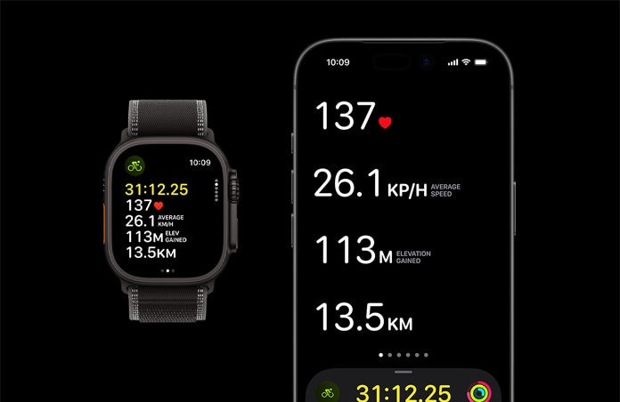 Apple Watch Ultra 3, culoare neagră, carcasă din titan, brățară Montană, culoare Negru/Cărbune, iPhone, măsurători active de antrenament pe ambele dispozitive