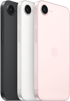 iPhone 17e, exterior lateral și exterior spate, culoare Negru, exterior lateral și exterior spate, culoare Alb, exterior lateral și exterior spate, culoare Roz pal, cameră Fusion în partea de sus, buton lateral