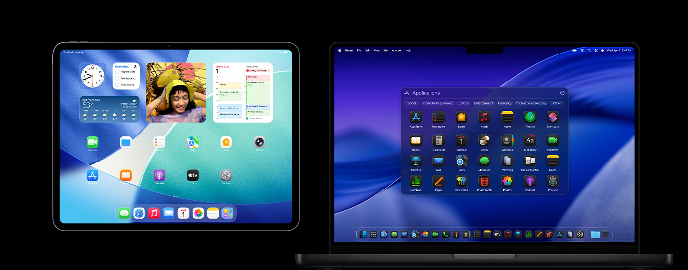 An iPad and a Mac displaying various app icons. The iPad shows several widgets, including Calendar, Weather and Photos.