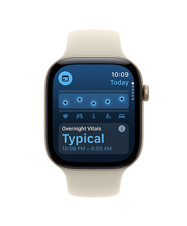 Apple Watch Series 12, screen shows overnight vitals typical notification, aluminium case, light gold colour, connected to Sport Band, sand colour (pale tan)