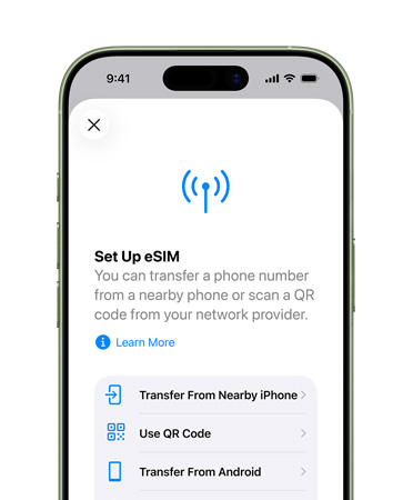 iPhone 17, front exterior, using the Set Up eSIM feature to easily transfer a phone number with eSIM