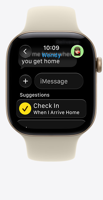 Apple Watch Series 12, aluminium case, light gold colour, Check In suggestion in iMessage, Sport Band, sand colour (pale tan)