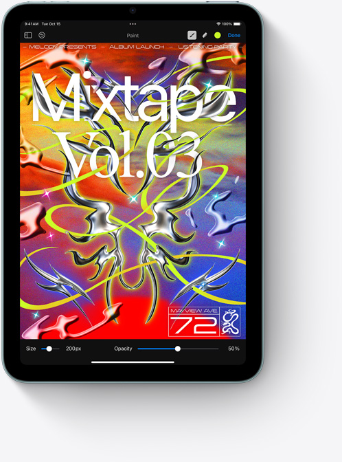 iPad mini otočený na výšku s farebnou obrazovkou Pixelmator.