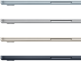 Pohľad zboku na štyri MacBooky Air v štyroch rôznych farbách