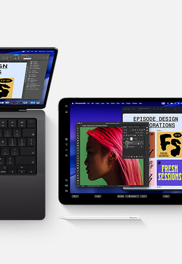 MacBook และ iPad พร้อม Apple Pencil, หน้าจอทั้งสองแสดงซอฟต์แวร์ออกแบบกราฟิกเดียวกันเพื่อแสดงความต่อเนื่องระหว่างอุปกรณ์