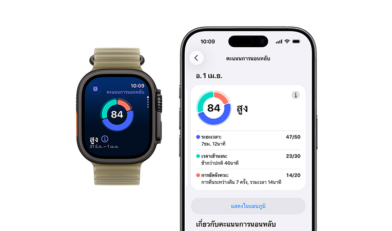 Apple Watch Ultra 4, ตัวเรือนไทเทเนียม, สีดำ, กราฟวงกลมคะแนนการนอนหลับและการประเมิน, ภายนอกด้านซ้าย, ปุ่มแอ็คชั่น, ภายนอกด้านขวา, Digital Crown, ปุ่มด้านข้าง, สายแบบ Ocean Band, สีดำ, การวิเคราะห์การนอนหลับแบบเต็มบน iPhone ที่จับคู่ไว้