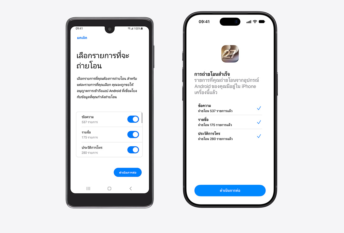 Android device on left, iPhone on right. Android device displays the Move to iOS App, with Select Items to Transfer heading and Messages, Contacts, and Call History Selected. iPhone screen shows Transfer Complete.