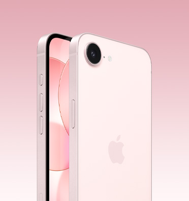 F ด้านหน้าและด้านหลังของ iPhone 17e สีชมพูอ่อน,หน้าจอด้านหน้าบางส่วน, ด้านหลังแบบเต็มพร้อมโลโก้ Apple และกล้องเดี่ยว, ด้านข้างแสดงปุ่มแอ็คชั่น ปุ่มปรับระดับเสียง และปุ่มด้านข้าง