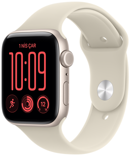 Apple Watch SE 3, alüminyum kasa, yıldız ışığı renk, sağ dış görünüm, Digital Crown, mikrofon, yan düğme, Spor Kordon’a takılı, kum beji (açık uçuk kahve), pim mekanizma (gümüş rengi pim)