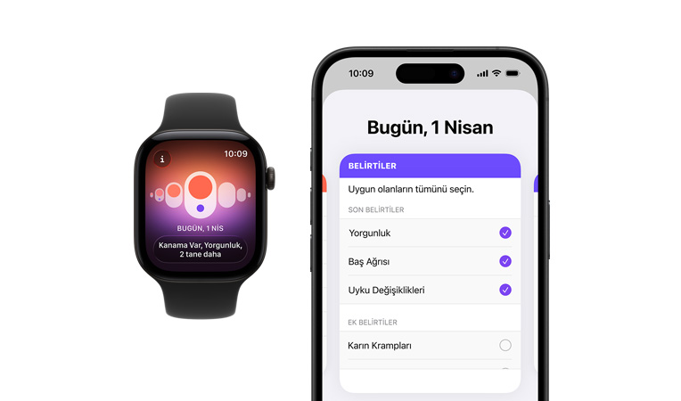 Apple Watch Series 12, titanyum kasa, natürel renk, Spor Kordon, siyah renk, Döngü İzleme uygulaması, saatle eşleştirilmiş iPhone’da günlük semptom seçici açık