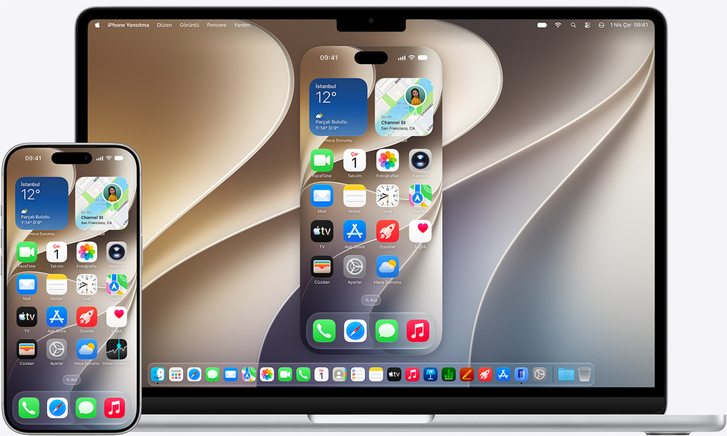 MacBook’ta yansıtma efektini gösteren, yan yana duran iPhone ve MacBook modelleri, ekranda genel bir duvar kağıdı görünüyor