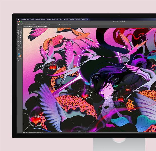 Studio Display, Adobe Photoshop düzenleme yazılımı, ekranda soyut bir sanat eseri gösteriliyor