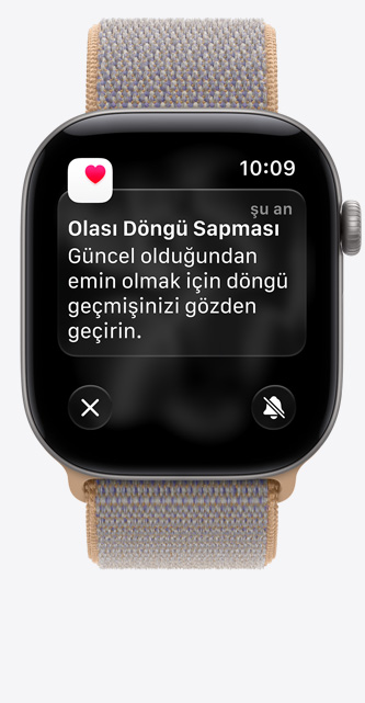 Apple Watch Series 12, Sağlık uygulamasında Döngü İzleme özelliğinin gösterildiği ekran, olası döngü sapması bildirimi, alüminyum kasa, Spor Loop kordon takılı uzay grisi kasa, şambre mavisi renk (açık mavi-gri)