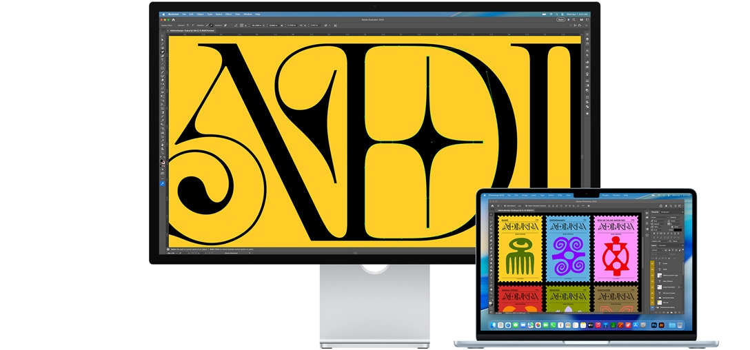 Studio Display і ноутбук Mac демонструють роботу над проєктом у кількох додатках Adobe: на Studio Display показано великий план чорного тексту на&nbsp;насиченому жовтому тлі, а противідблискове покриття допомагає зменшити відблиски