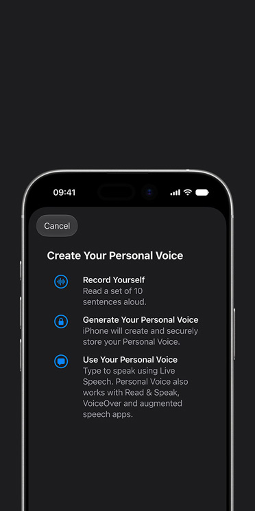 iPhone 17 screen showing Personal Voice feature with instructions on how to create your Personal Voice