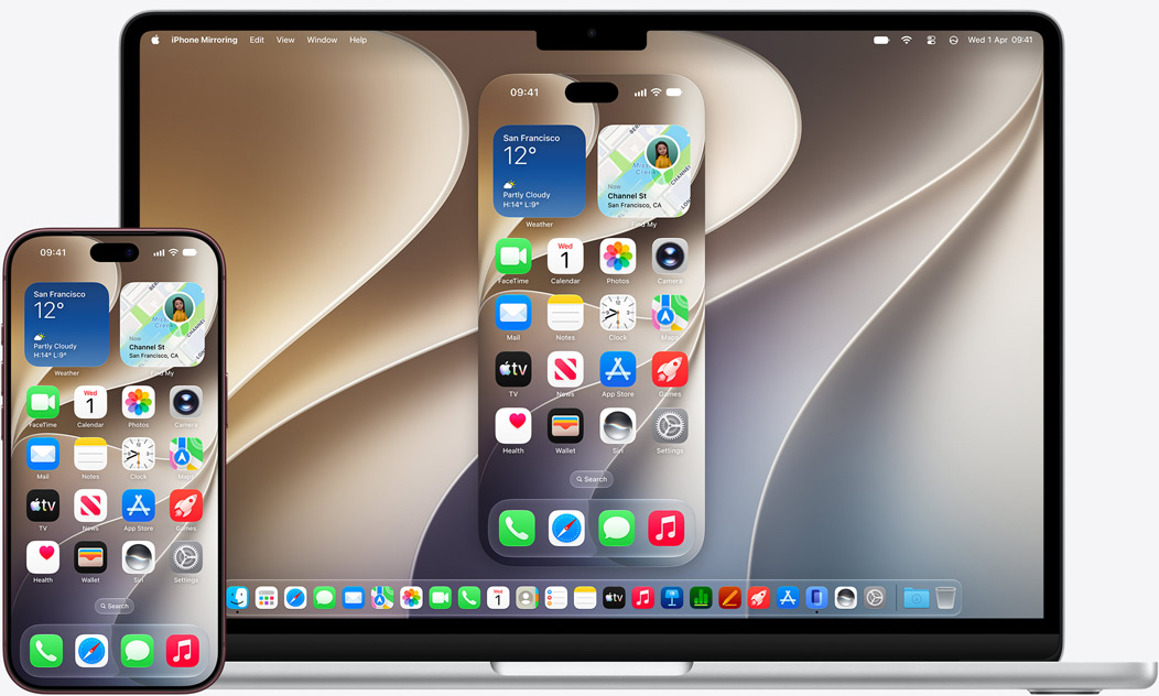 iPhone and MacBook models shown side by side showcasing mirror effect on MacBook, display shows generic wallpaper
