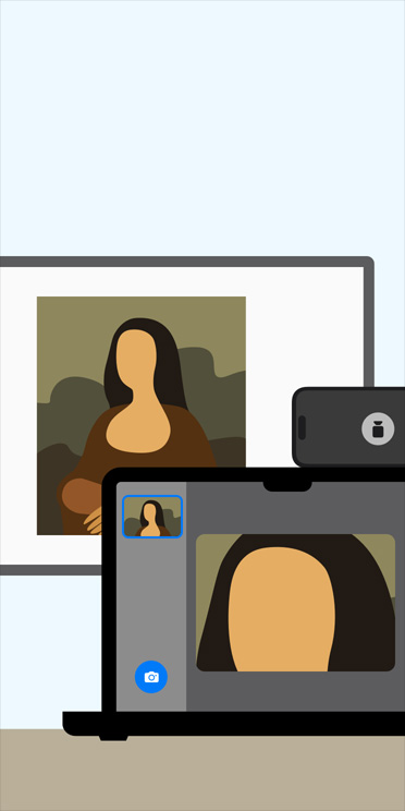 Ilustración animada de la app Lupa en la pantalla de una MacBook haciendo zoom en una imagen de la Mona Lisa que se muestra en la pizarra de un salón de clases