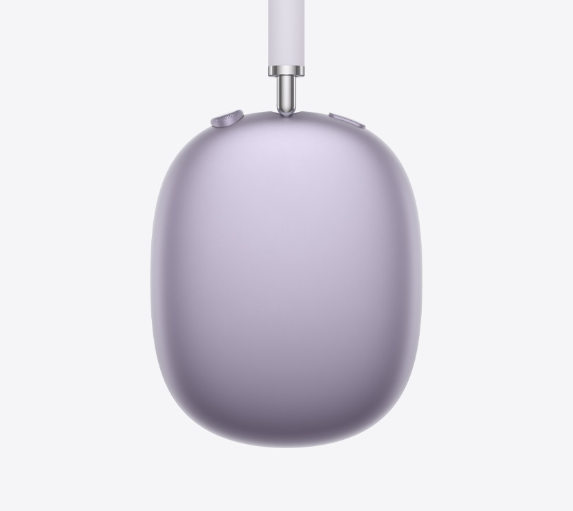 سماعات الرأس AirPods Max 2، الجهة الخارجية الجانبية، لون ليلكي، تفاصيل الذراع القابلة للتعديل، بطانة الأذنين، التاج الرقمي وزر التحكم في الضوضاء