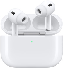 AirPody Pro&nbsp;3 a&nbsp;otevřené MagSafe nabíjecí pouzdro (USB‑C) se zaoblenými tvary a&nbsp;LED ukazatelem napájení, v&nbsp;bílé barvě,&nbsp;bezdrátová sluchátka se silikonovými špunty, z&nbsp;vnitřní strany stopek jsou vidět písmena L a&nbsp;R
