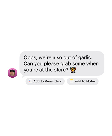 iMessage yang diterima dengan dua tombol saran tindakan di bawahnya: Add to Reminders dan Add to Notes
