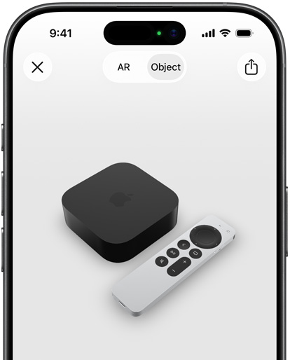 Obrázek Apple TV 4K v zobrazení rozšířené reality na iPhonu.