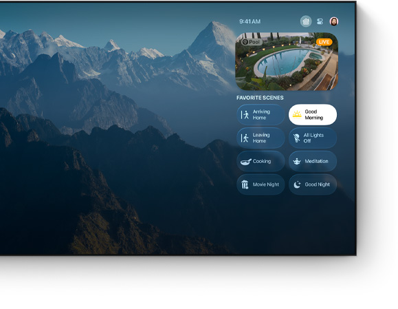 Uživatelské rozhraní ovládacího centra Apple TV 4K na televizi s plochou obrazovkou
