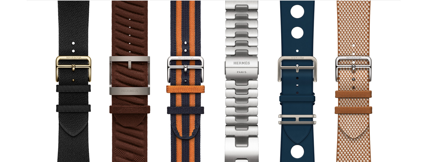 다양한 스타일과 색상의 여섯 가지 Apple Watch Hermès 밴드