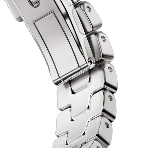 Apple Watch Hermès Series 12 Grand H 밴드의 디테일. 사티네 색상 및 빠르게 차고 풀 수 있는 금속 버클을 보여주는 모습