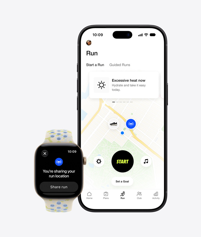 Apple Watch Series 12, boîtier en aluminium, or clair, Boucle Sport Nike, gris asphalte (gris foncé avec motif tissé gris moyen et détails de rouge), écran de partage de la localisation, iPhone 18 Pro, carte d’une course en extérieur dans l’app Nike Run Club