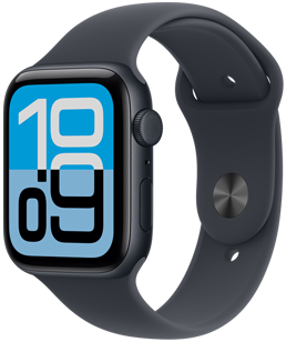 Apple&nbsp;Watch&nbsp;SE&nbsp;3 بإطار من الألومنيوم ولون سماء الليل، وواجهة الساعة "التدفق"، والجزء الخارجي الأيمن يُظهر التاج الرقمي والميكروفون والزر الجانبي، وحزام رياضي بلون سماء الليل، ومشبك فضي على شكل مسمار