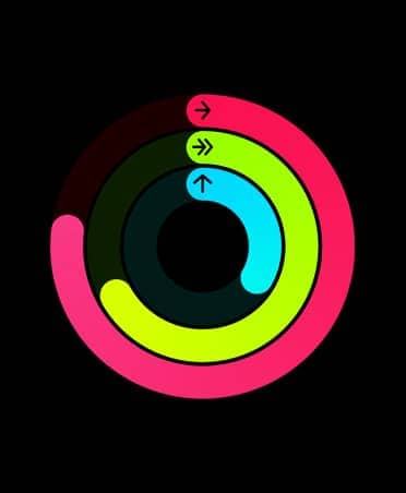 Ilustração dos círculos de Atividade: círculos vermelhos, verde-limão e azul-claro em um caminho circular em vários estágios de conclusão do círculo completo