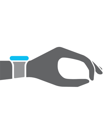 Ilustração de uma mão com o indicador e o polegar juntos, com um Apple Watch no pulso