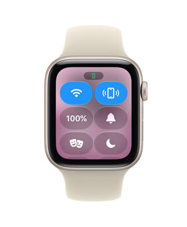 Apple Watch SE 3 com caixa estelar de alumínio e pulseira esportiva suculenta-pálida (verde-amarelado-clara). A tela mostra a Central de Controle e o ícone de Contatar o iPhone e a Digital Crown aparece na lateral direita