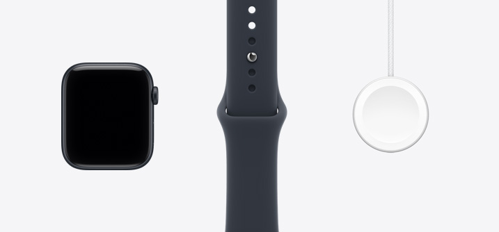 Apple Watch SE 3, 블랙 계열의 미드나이트 색상 알루미늄 케이스, 전면 외관, 전면 화면 디스플레이, Digital Crown, 블랙 색상 스포츠 밴드, Apple Watch 마그네틱 급속 충전기-USB-C 케이블