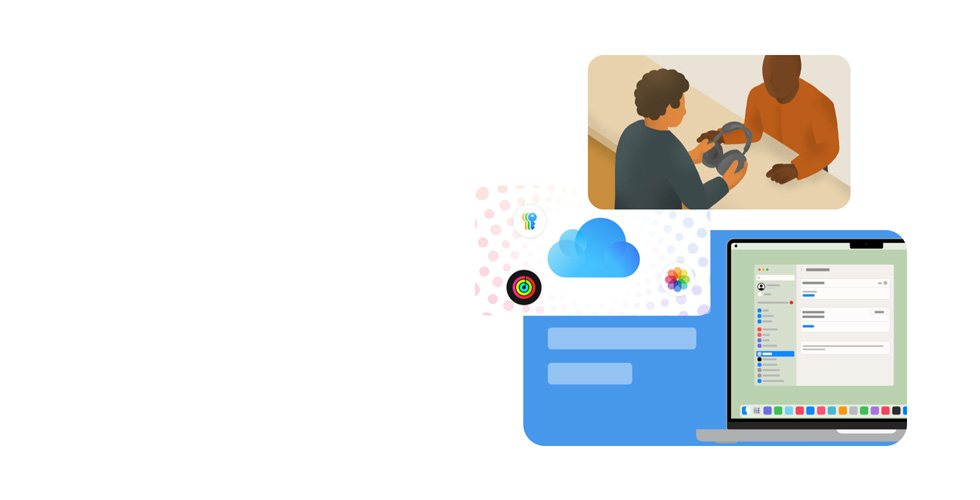 En stiliserad illustration av en Apple-expert som håller en kunds hörlurar. Under dem finns en tecknad MacBook-skärm som visar gränssnittet för systeminställningar, omgiven av illustrerade ikoner för Lösenord, iCloud, Apple Fitness och Bilder.