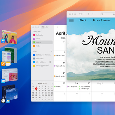 Meerdere vensters en apps die op een scherm worden weergegeven, met onder andere Keynote, Pages, Mail en een website met inhoud over een sereen toevluchtsoord.