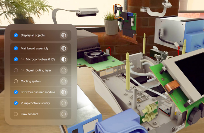 Vue en réalité augmentée d’un gros appareil électronique, avec une liste interactive de composants