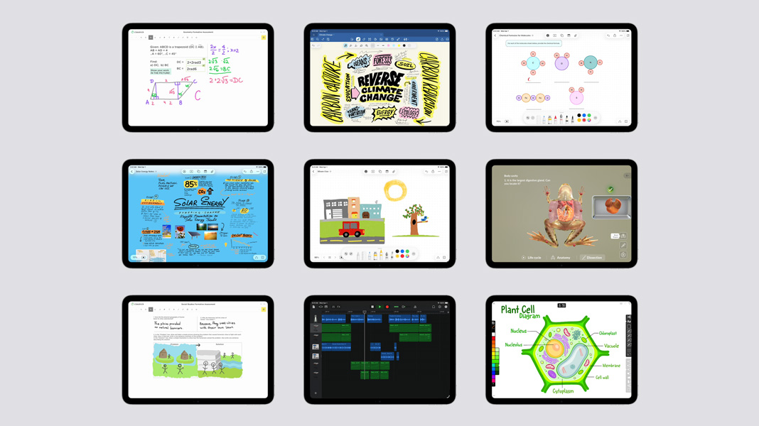 Nueve dispositivos iPad muestran diferentes contenidos educativos como problemas de matemática escritos a mano, un plan de estudios sobre energía solar, la anatomía de una rana, un calendario y la estructura de una célula vegetal.