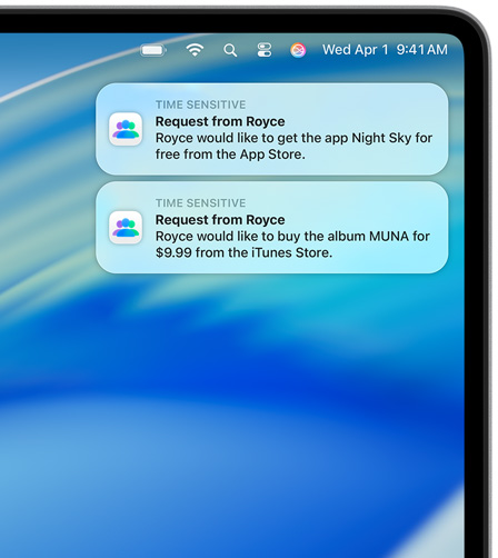 Zwei macOS Mitteilungen in der oberen rechten Ecke eines Mac Bildschirms, jeweils mit Kaufanfragen, die erste für Night Sky aus dem App Store, die zweite für das Album MUNA aus dem iTunes Store