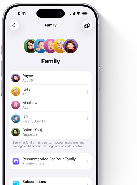 iPhone screen showing the Family page in Settings, Memojis of individual family members, each set against its own colourful circle, arrayed at the top, same Memojis in a list beneath them showing all members of the Family Sharing group