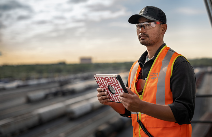 Un trabajador ferroviario de pie sostiene un iPad mientras mira hacia adelante, cerca de unos enormes vagones de tren