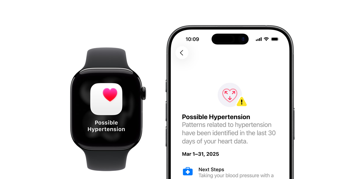 Et Apple Watch og en iPhone viser notifikationer om muligt forhøjet blodtryk.